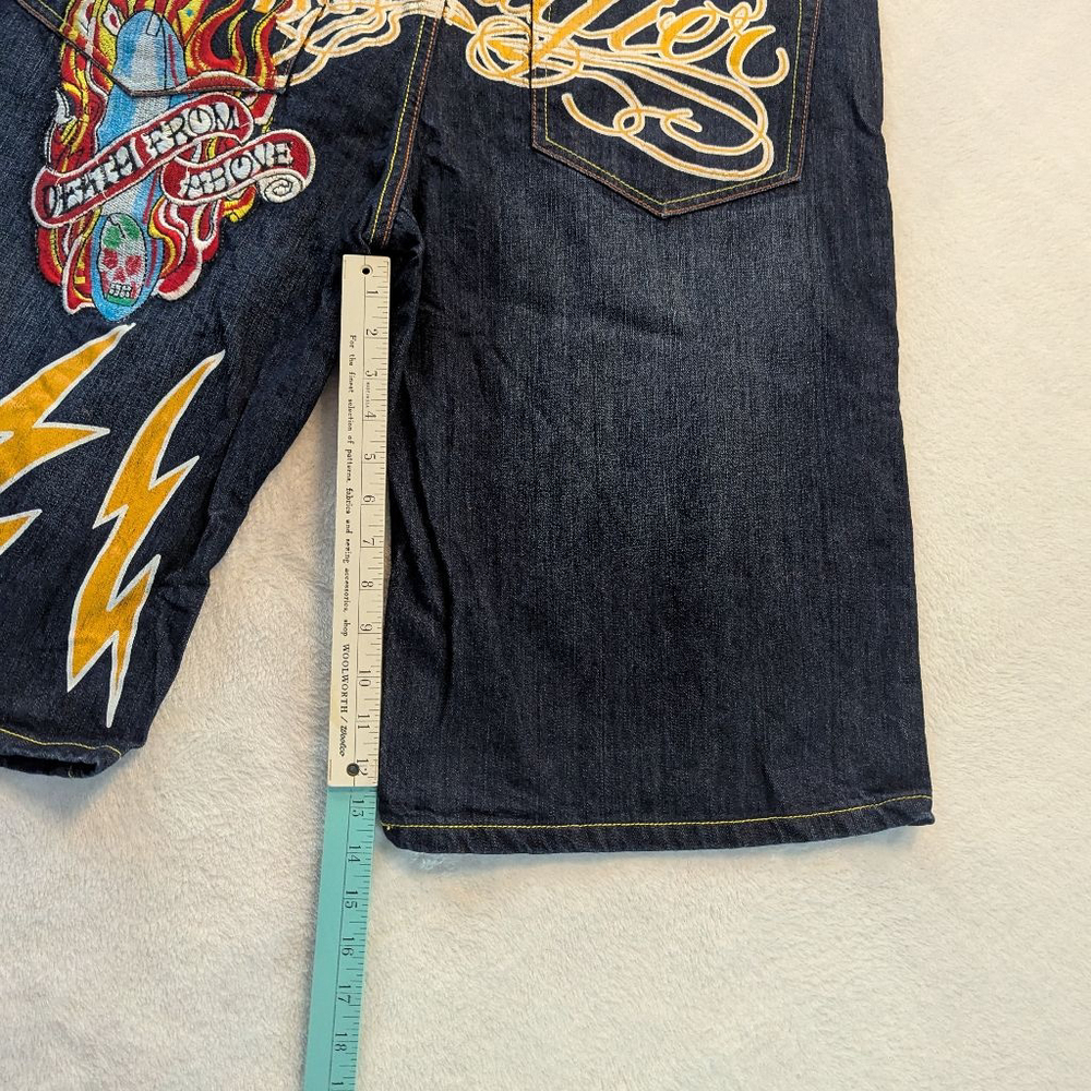 Christian Audigier Ed Hardy Vintage Embroidered Flame Skull Denim Shorts - 42×15 - Picture 3 of 15